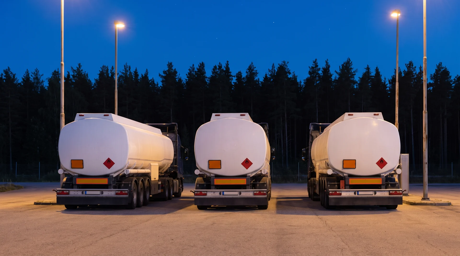 Tankbilar med orange skyltar på en depå i skymningen